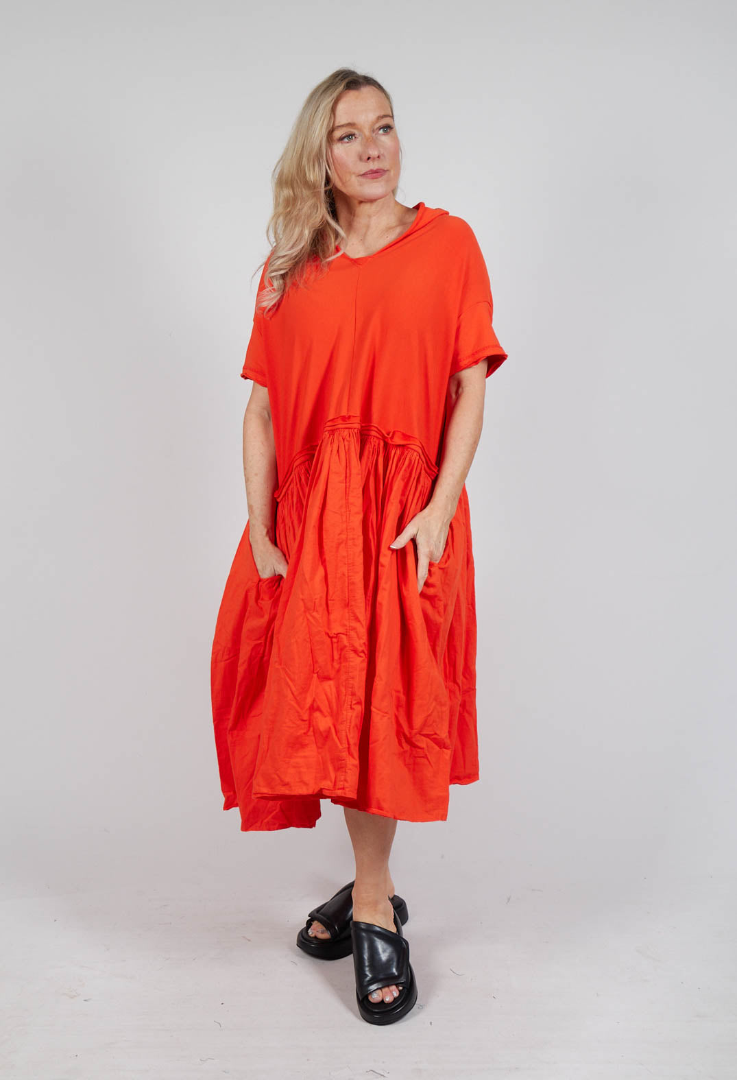 Jersey Pleated Dress with Dropped Waist in Mandarine