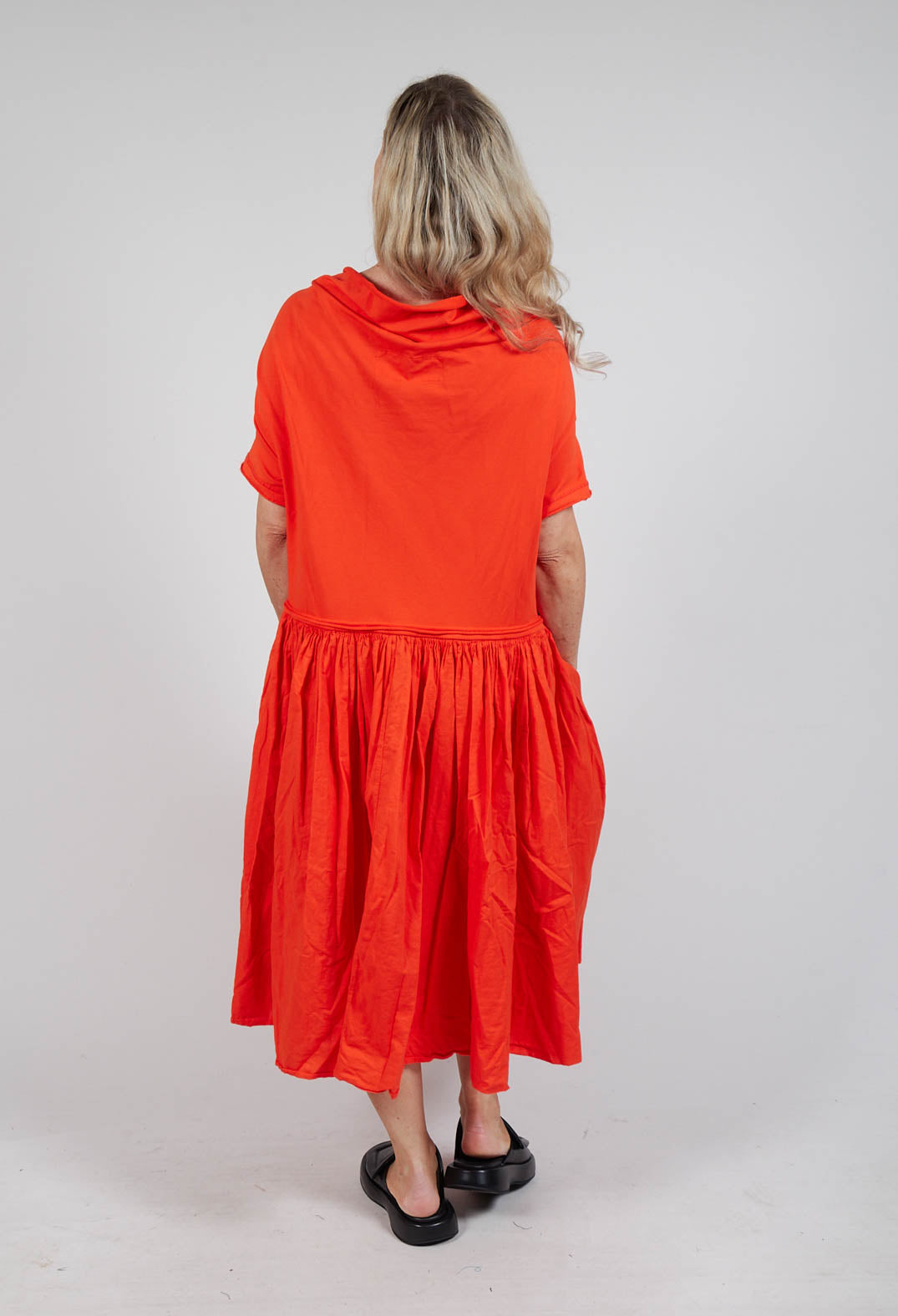 Jersey Pleated Dress with Dropped Waist in Mandarine