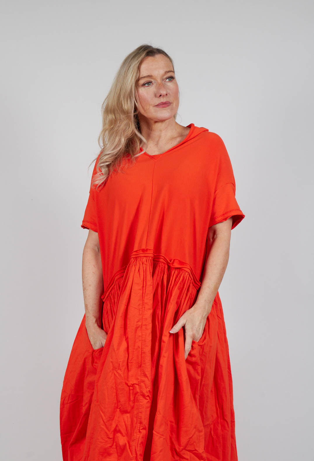 Jersey Pleated Dress with Dropped Waist in Mandarine