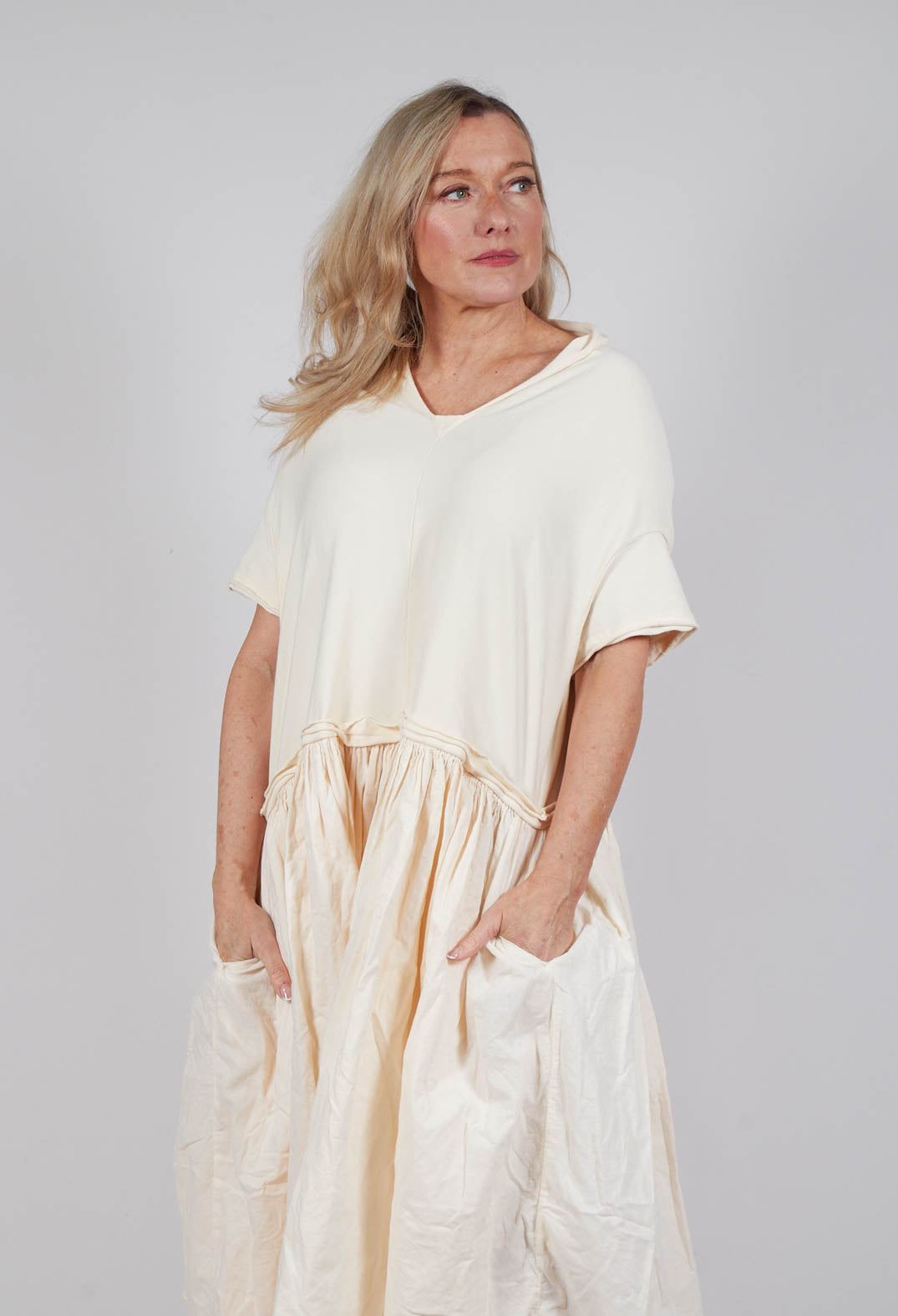 Jersey Pleated Dress with Dropped Waist in Greige