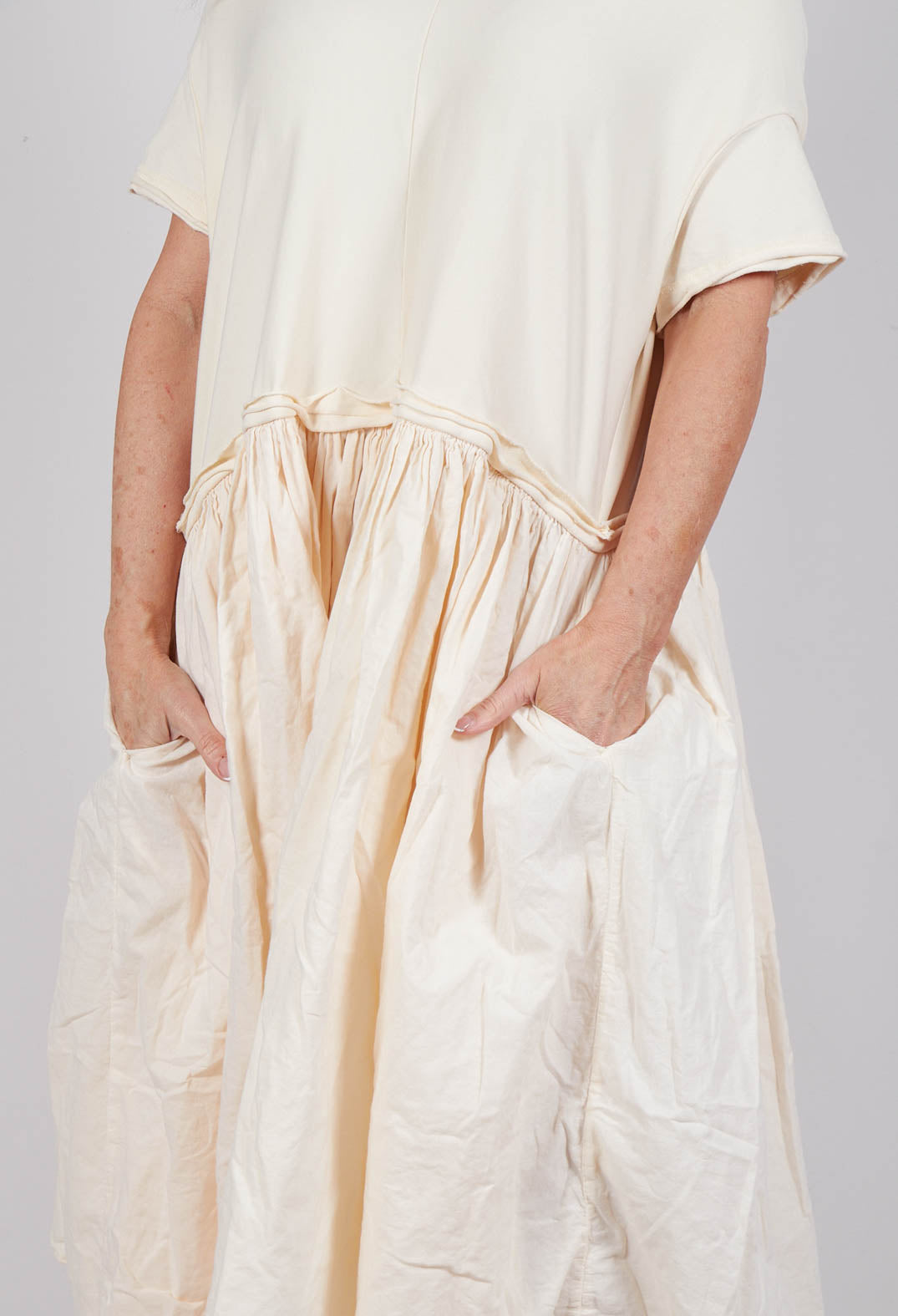 Jersey Pleated Dress with Dropped Waist in Greige