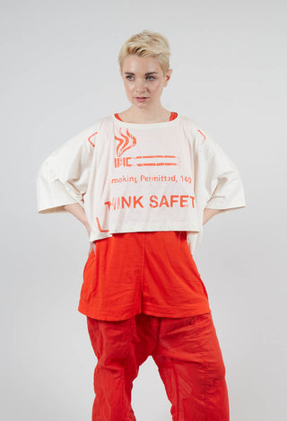 Cropped T-Shirt with Square Neckline in Greige and Mandarine Print