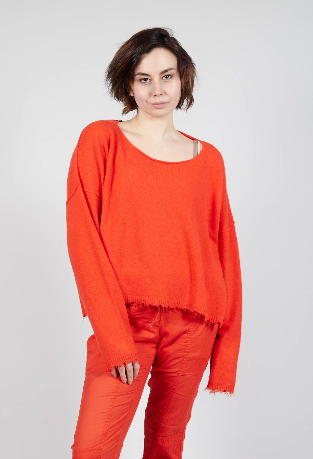 Raw Hem Boat Neckline Jumper in Mandarine