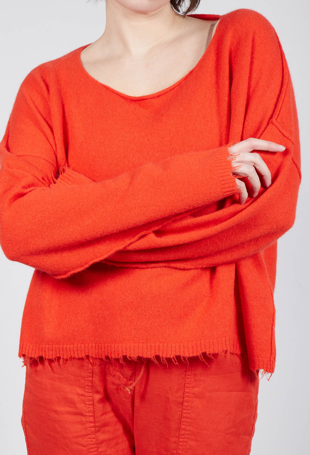 Raw Hem Boat Neckline Jumper in Mandarine