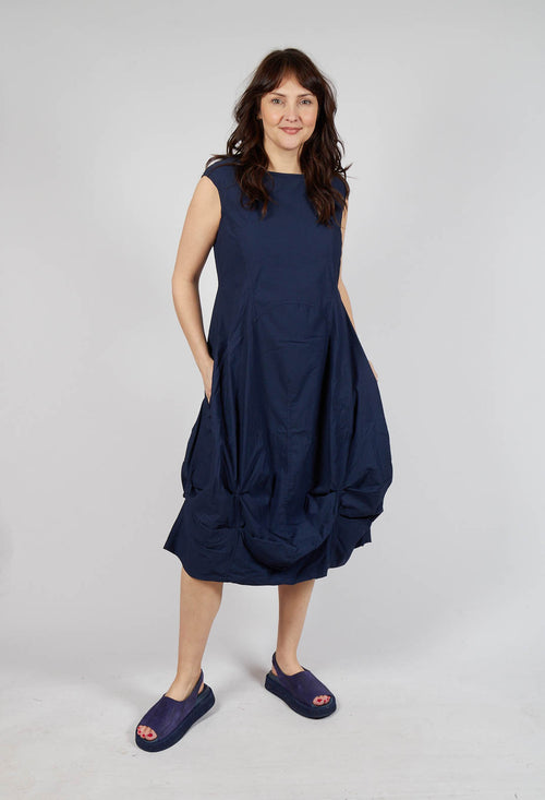 Gathered Midi Dress with High Boat Neckline in Ink