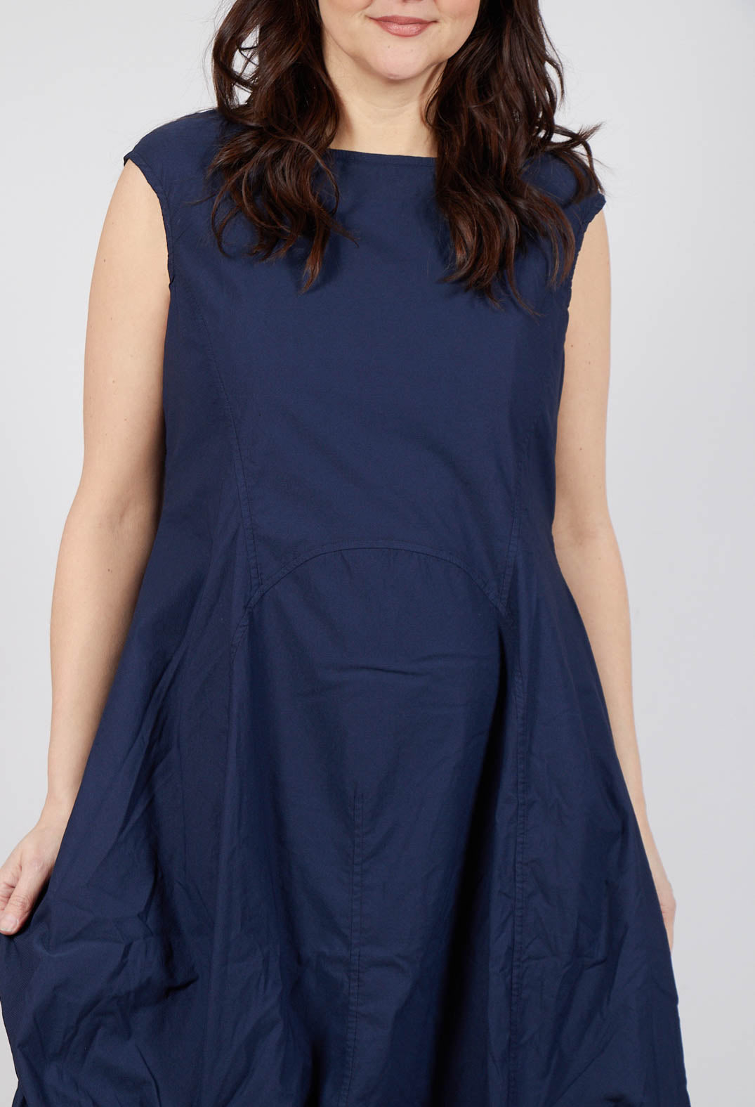 Gathered Midi Dress with High Boat Neckline in Ink