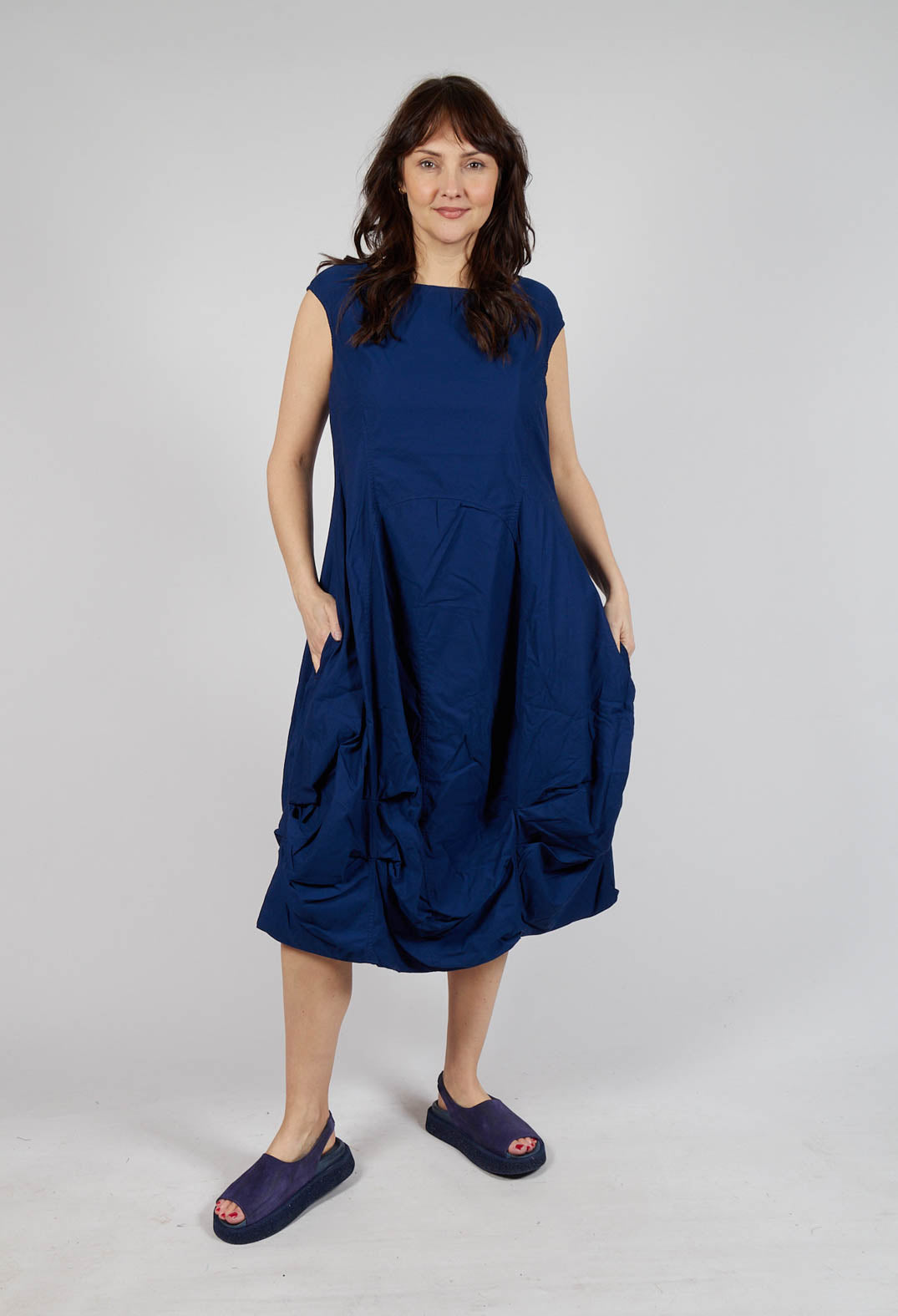 Gathered Midi Dress with High Boat Neckline in Ocean