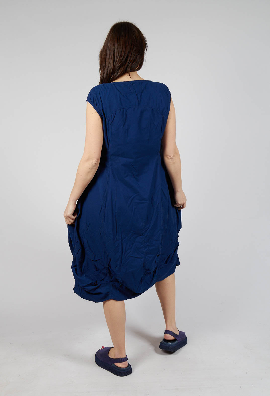 Gathered Midi Dress with High Boat Neckline in Ocean