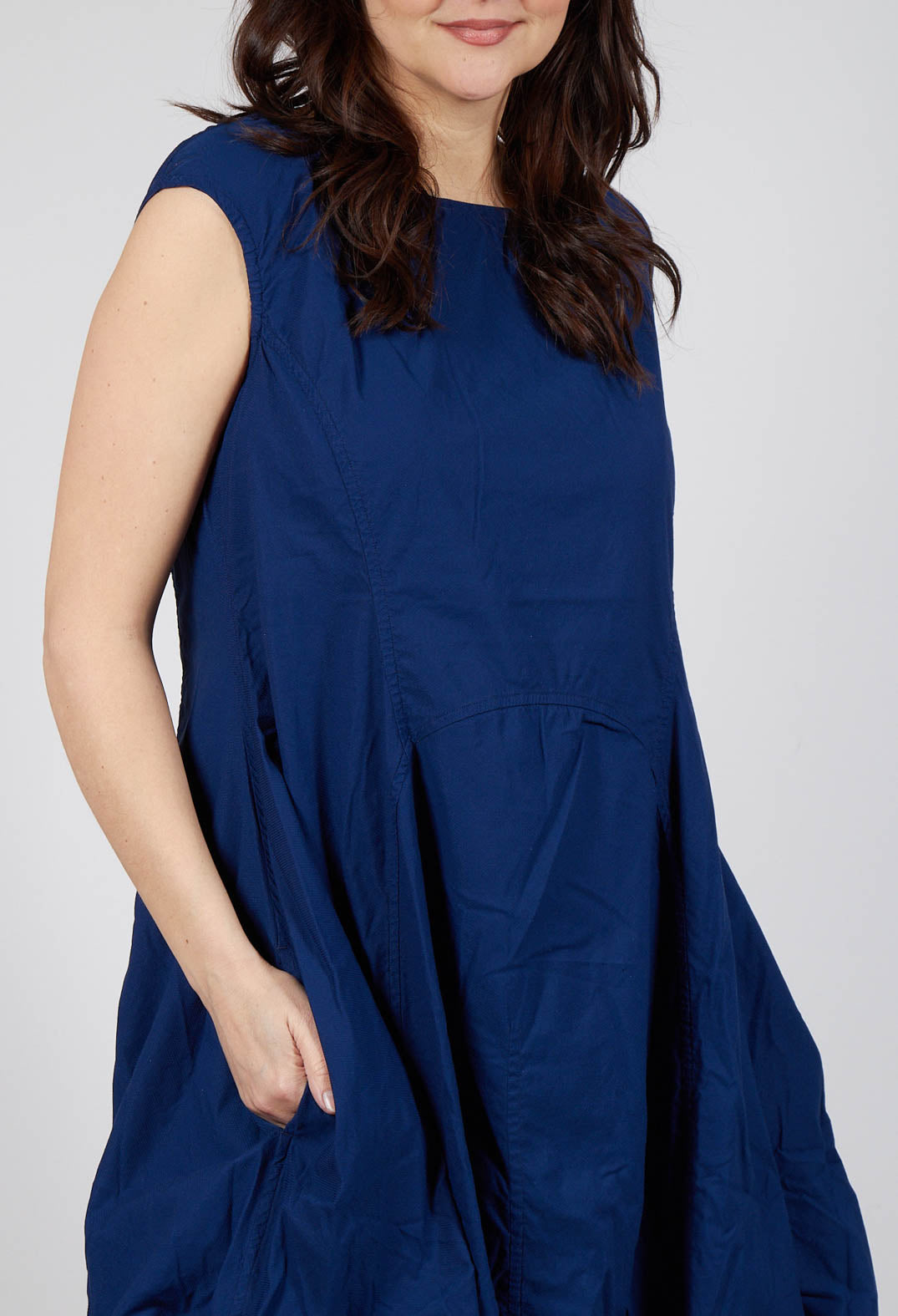 Gathered Midi Dress with High Boat Neckline in Ocean