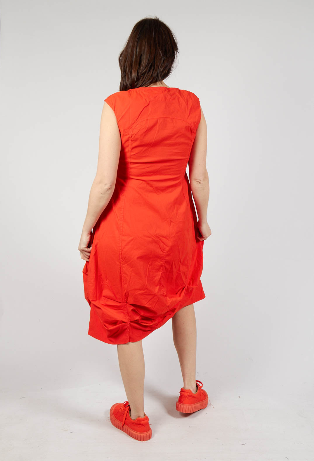 Gathered Midi Dress with High Boat Neckline in Mandarine