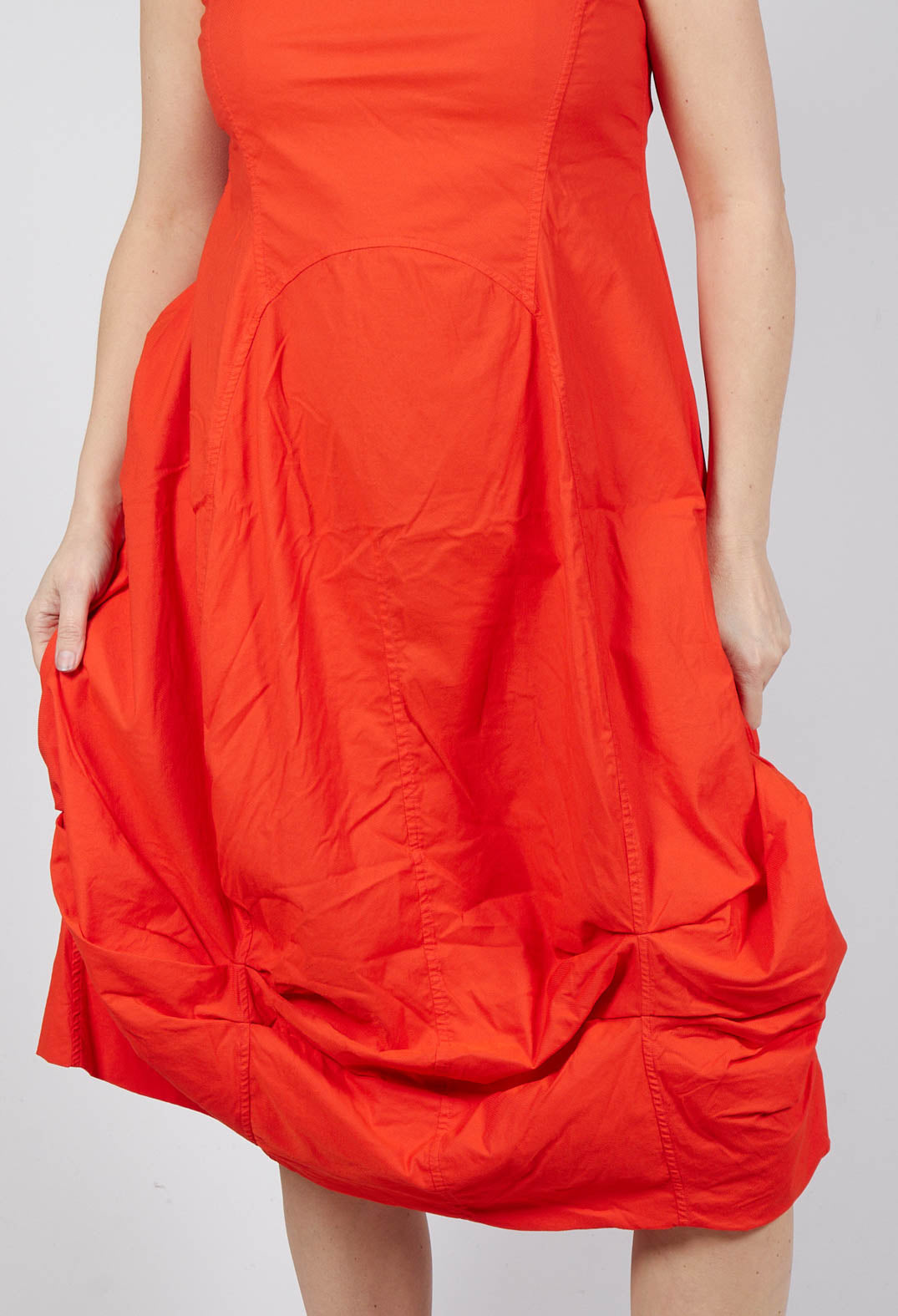 Gathered Midi Dress with High Boat Neckline in Mandarine