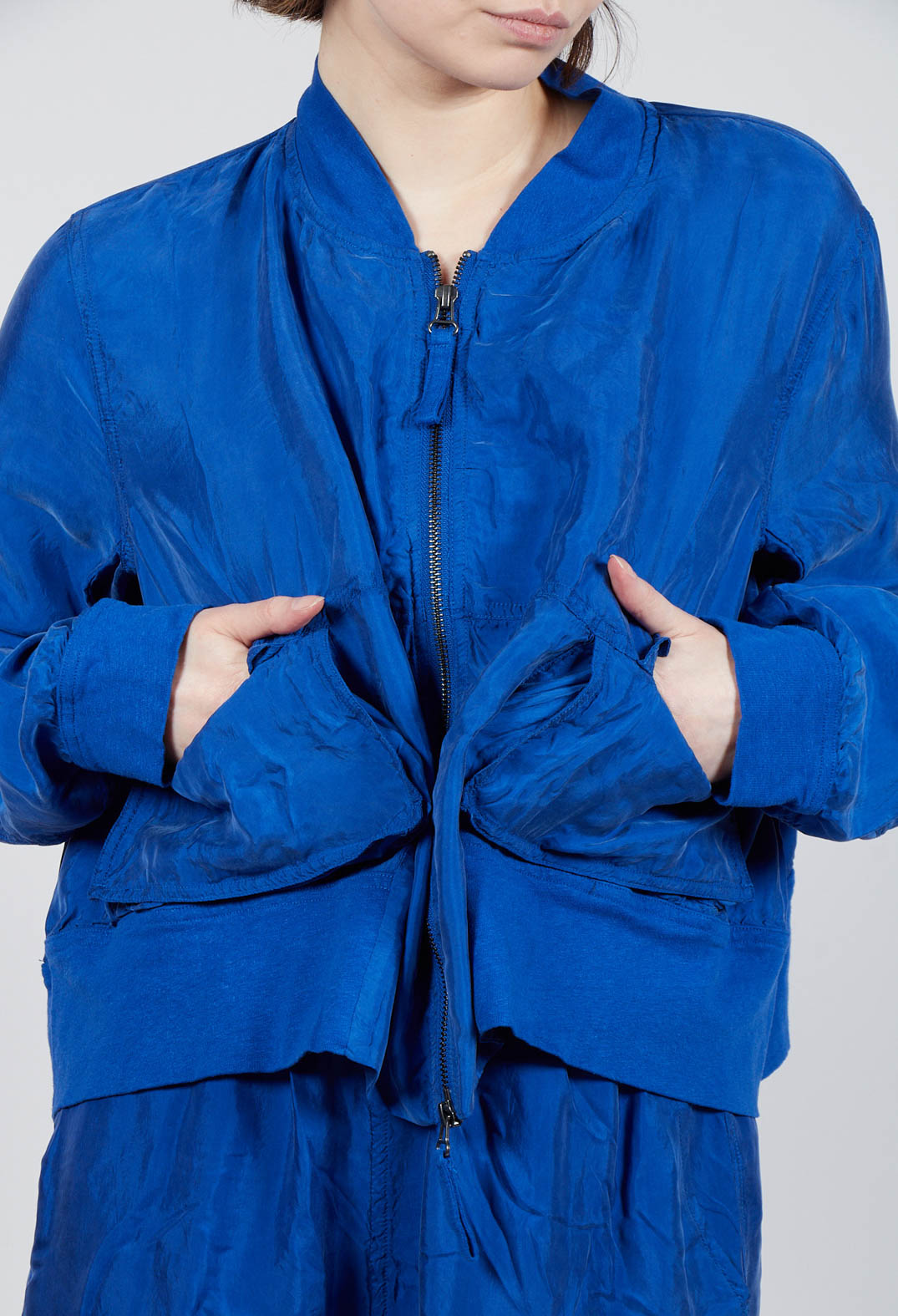 Cropped Lightweight Jacket with Ribbed Stand Collar in Royal