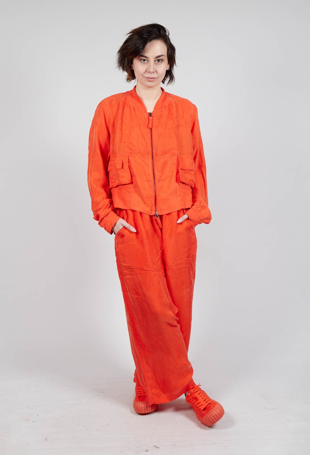 Cropped Lightweight Jacket with Ribbed Stand Collar in Mandarine