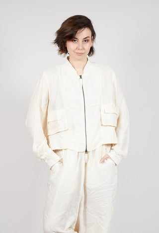 Cropped Lightweight Jacket with Ribbed Stand Collar in Greige