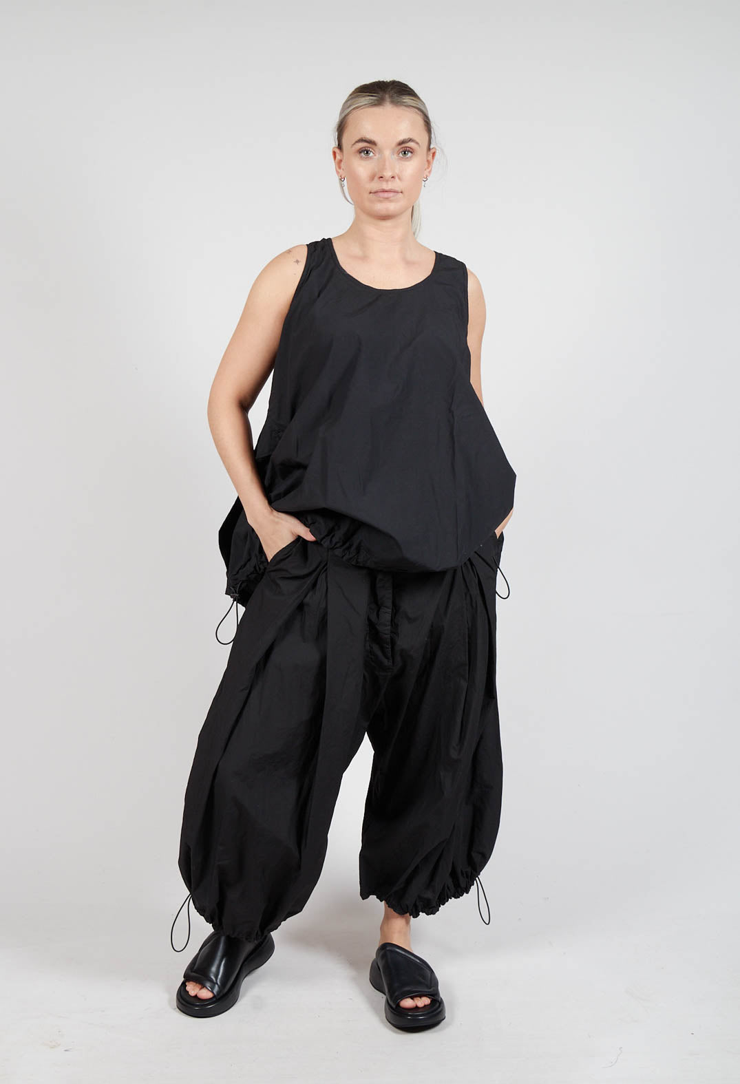 Front Pleat Balloon Trousers with Toggle Cuffs in Black