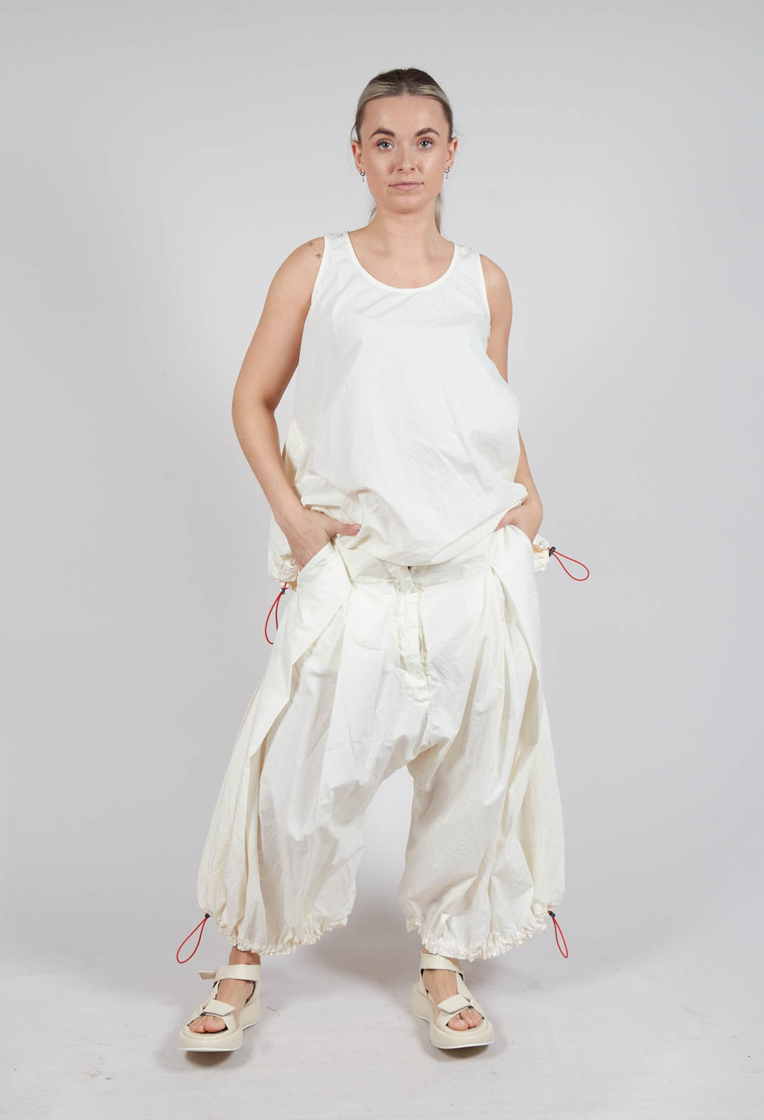 Front Pleat Balloon Trousers with Toggle Cuffs in Greige