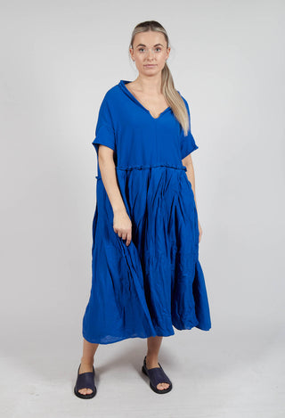 Pleated Midi Dress with Lettuce Hem Detail in Royal