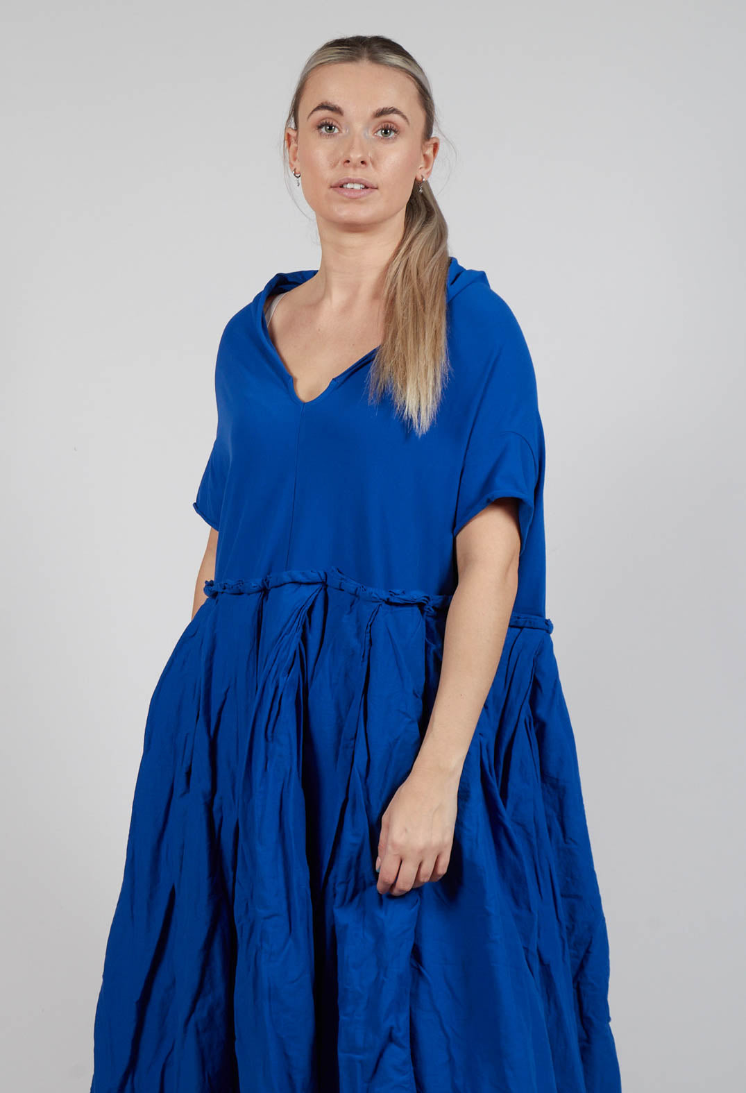 Pleated Midi Dress with Lettuce Hem Detail in Royal