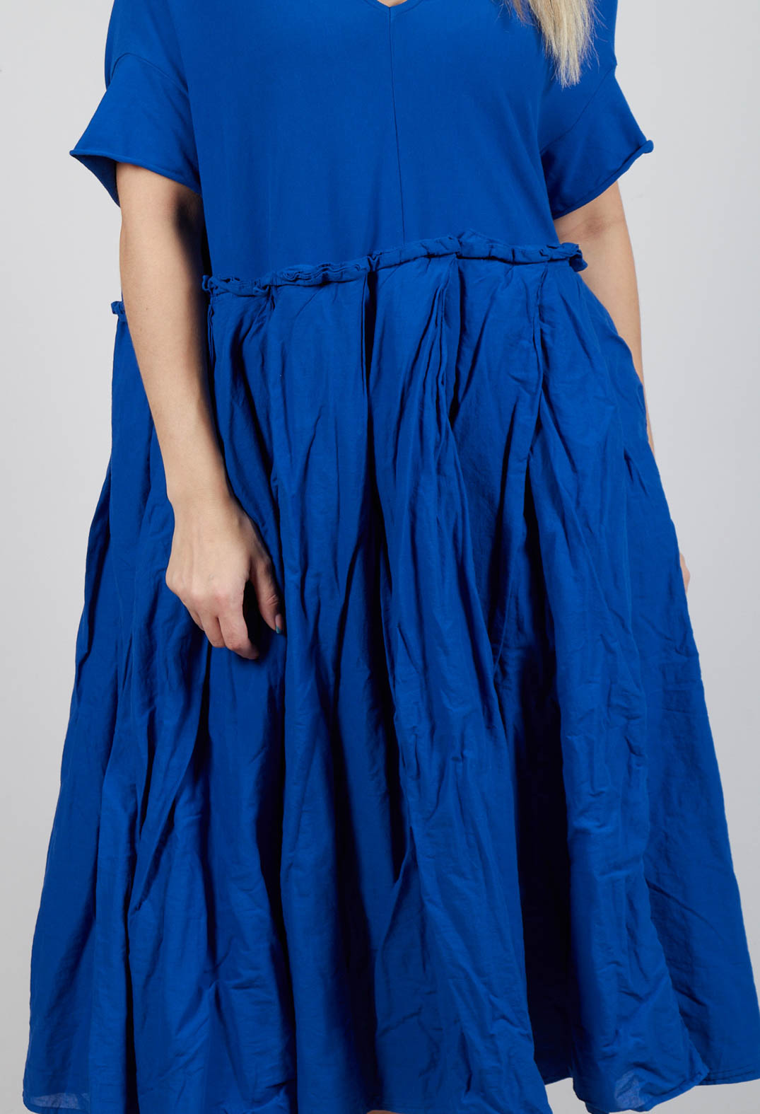 Pleated Midi Dress with Lettuce Hem Detail in Royal