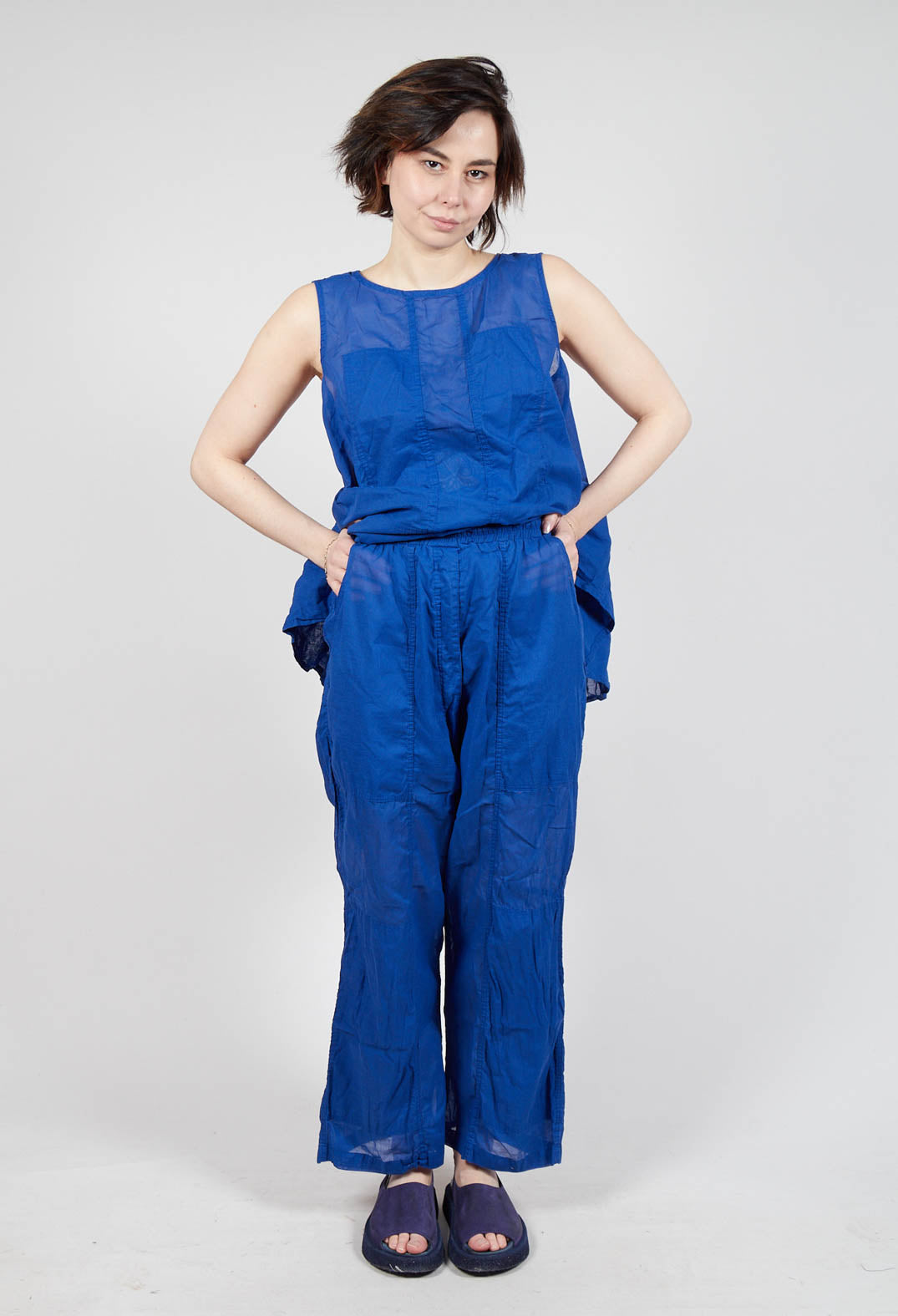 Cotton Drop-Crotch Trousers with Pull String Waist in Royal Paper