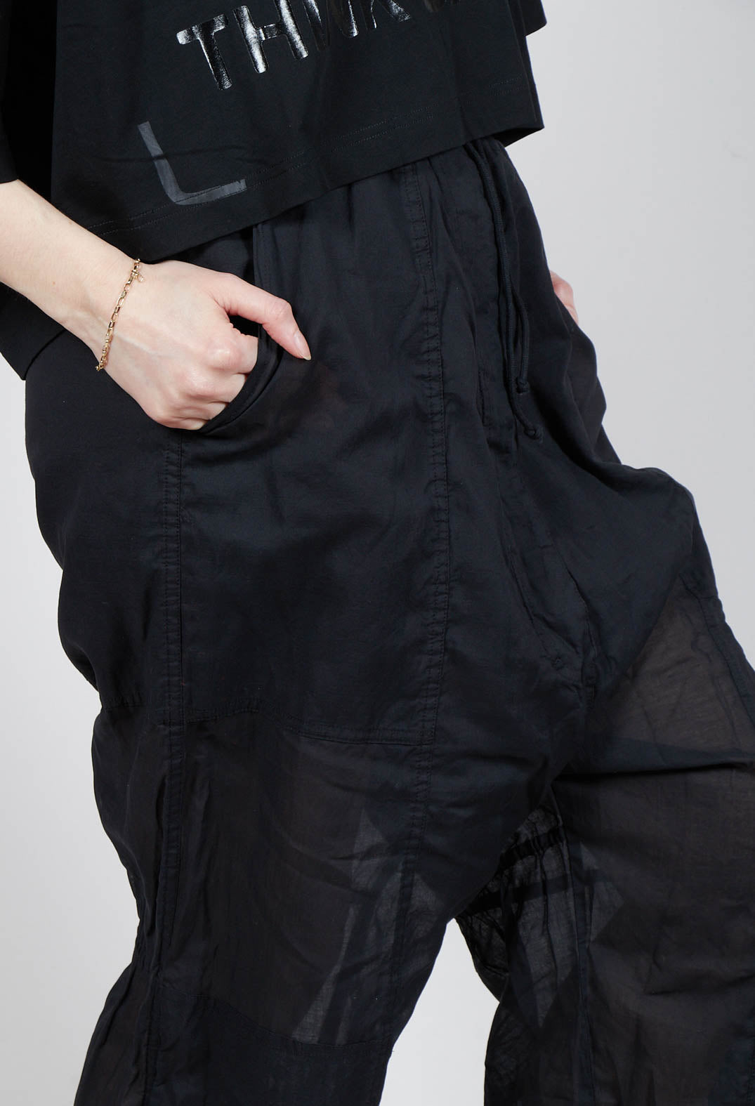 Cropped Sheer Crinkled Trousers in Black Paper