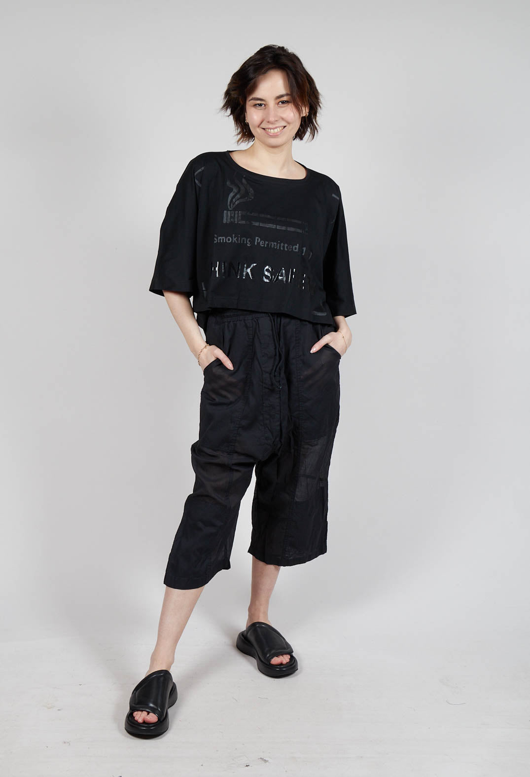 Cropped Sheer Crinkled Trousers in Black Paper