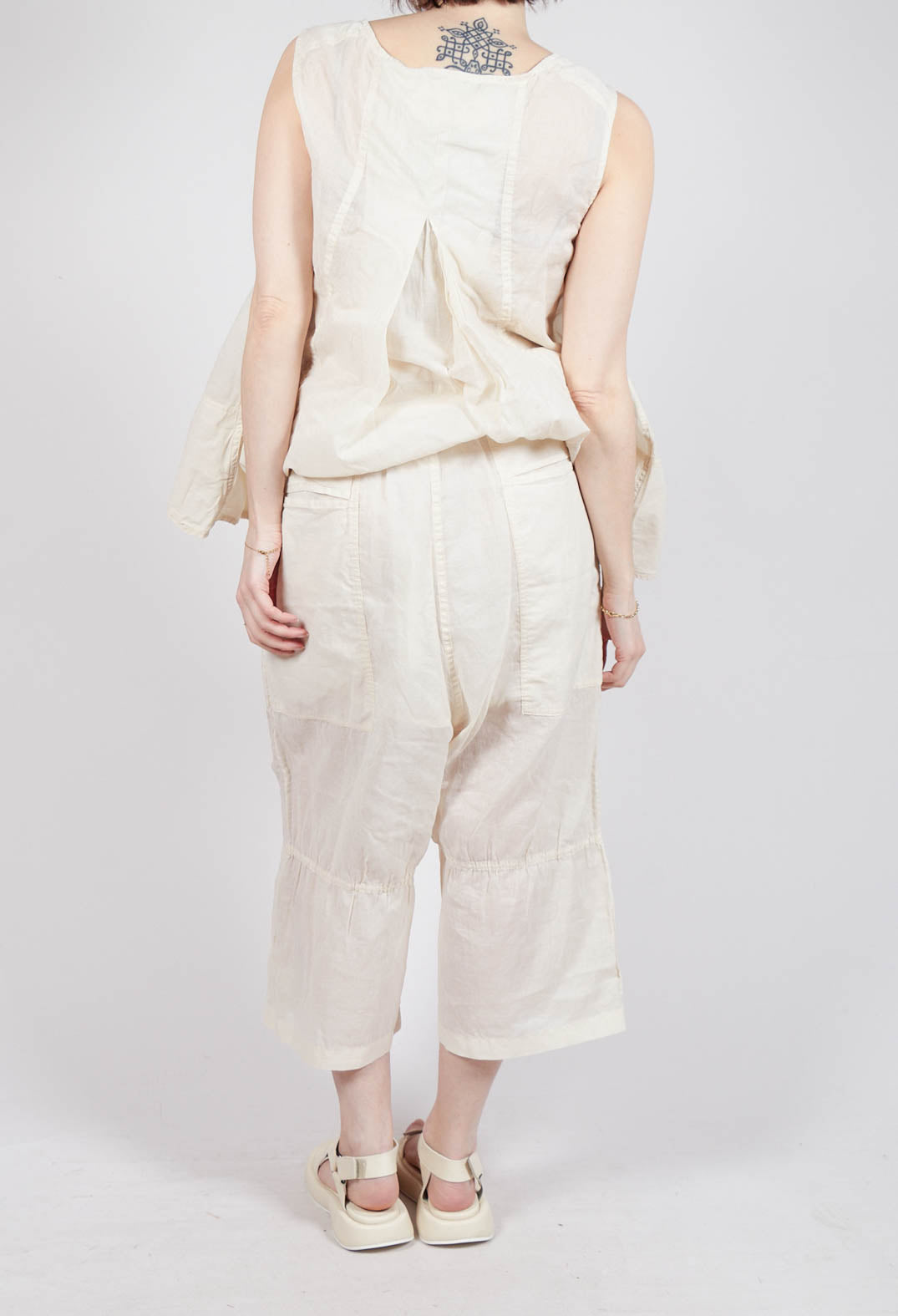 Cropped Sheer Crinkled Trousers in Greige Paper