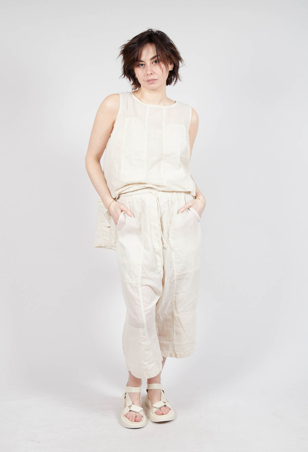 Cropped Sheer Crinkled Trousers in Greige Paper