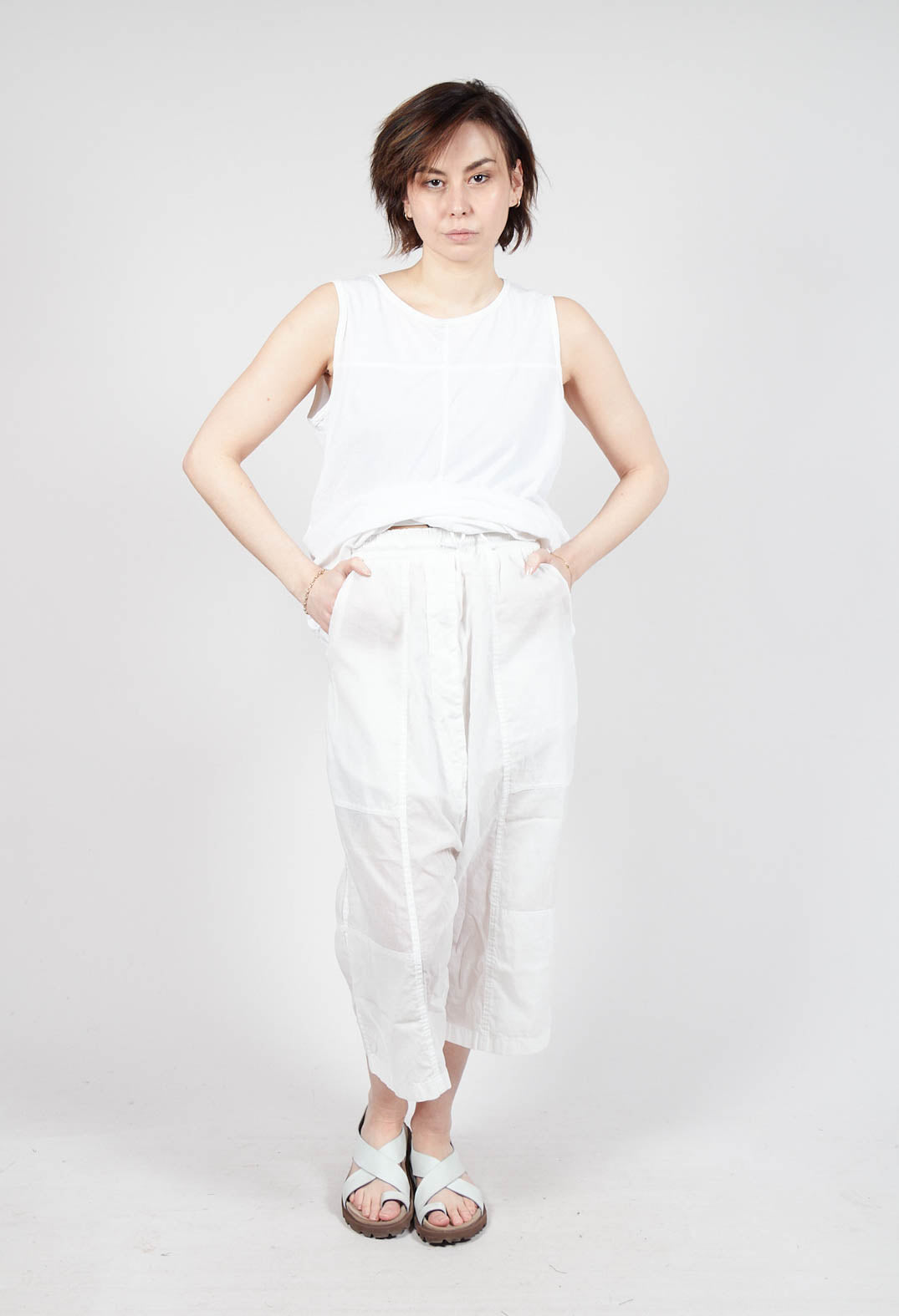 Cropped Sheer Crinkled Trousers in Semi Bleach Paper