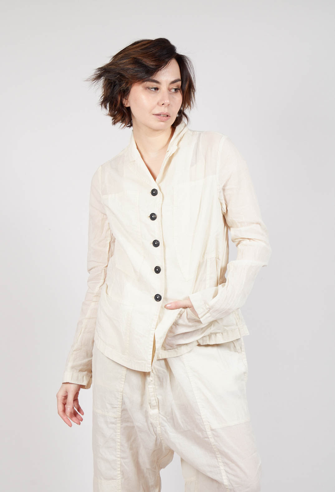 Button Fastening Jacket with Elasticated Back Detail in Greige Paper