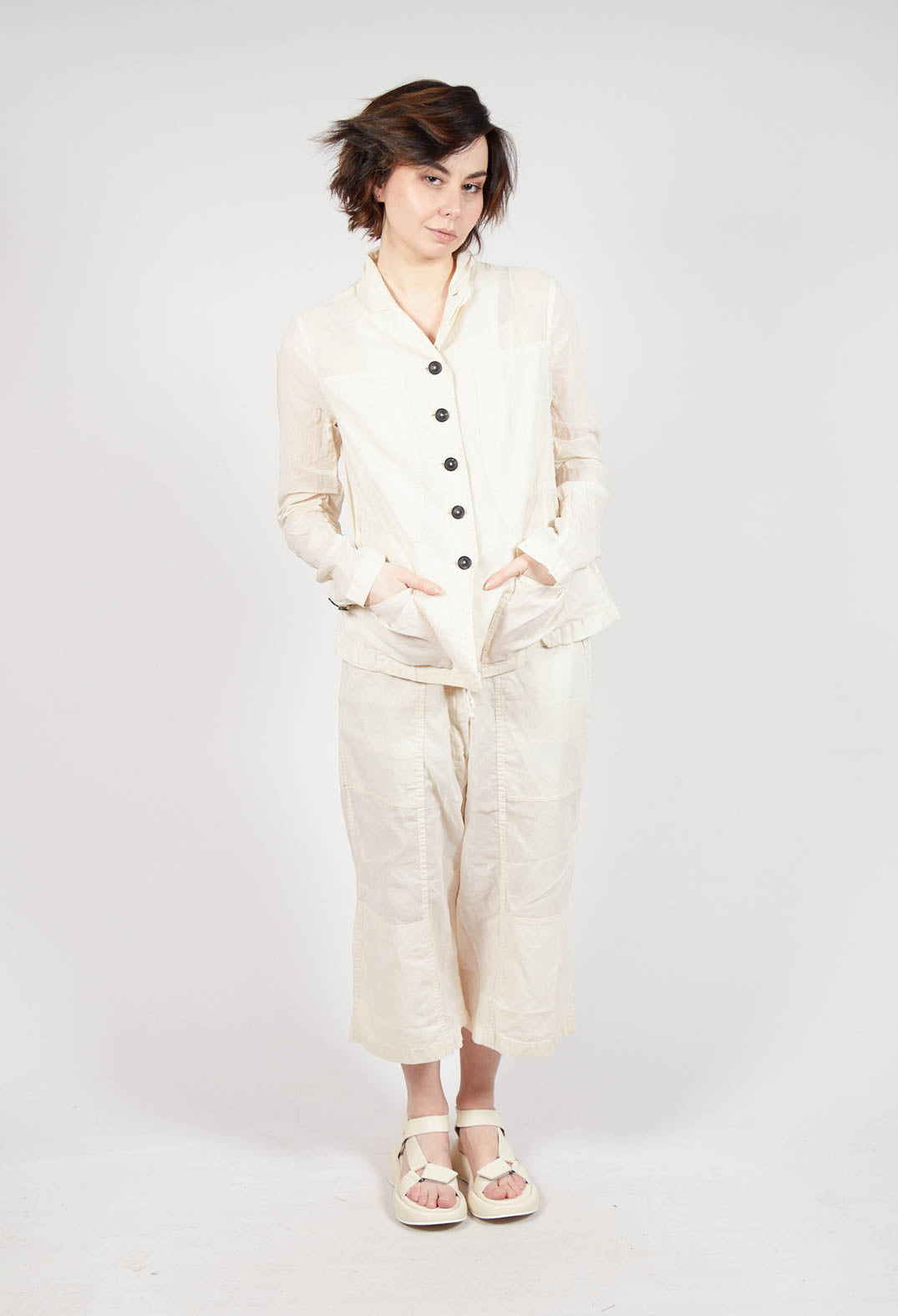 Button Fastening Jacket with Elasticated Back Detail in Greige Paper