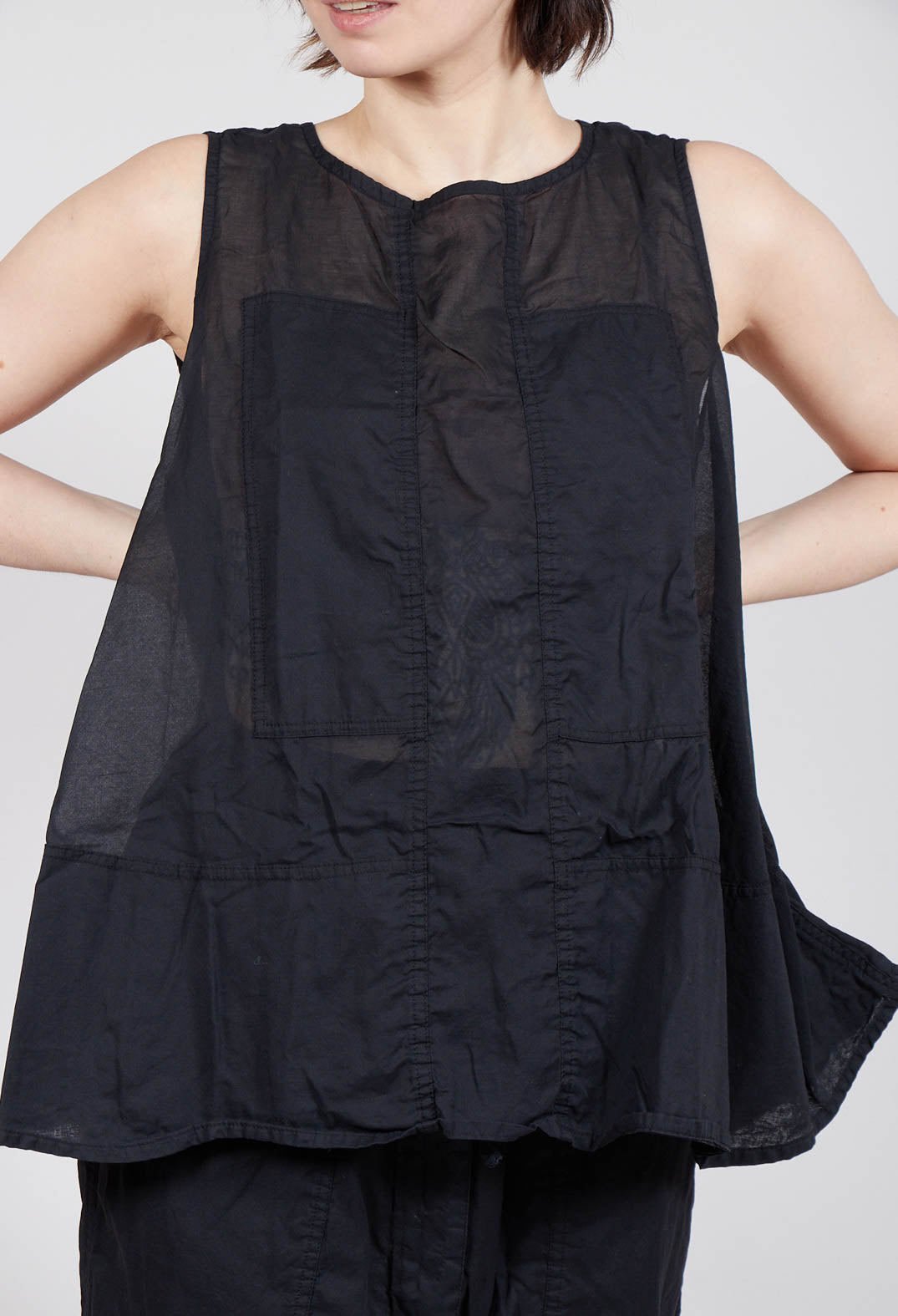 Sheer Boat Neckline Vest with Contrasting Panels in Black Paper