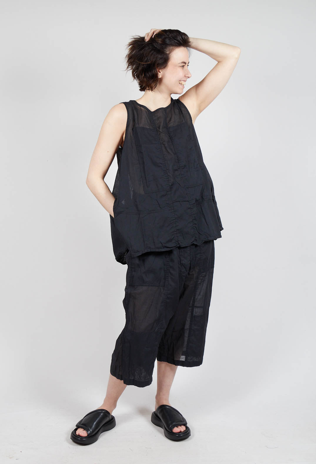 Sheer Boat Neckline Vest with Contrasting Panels in Black Paper