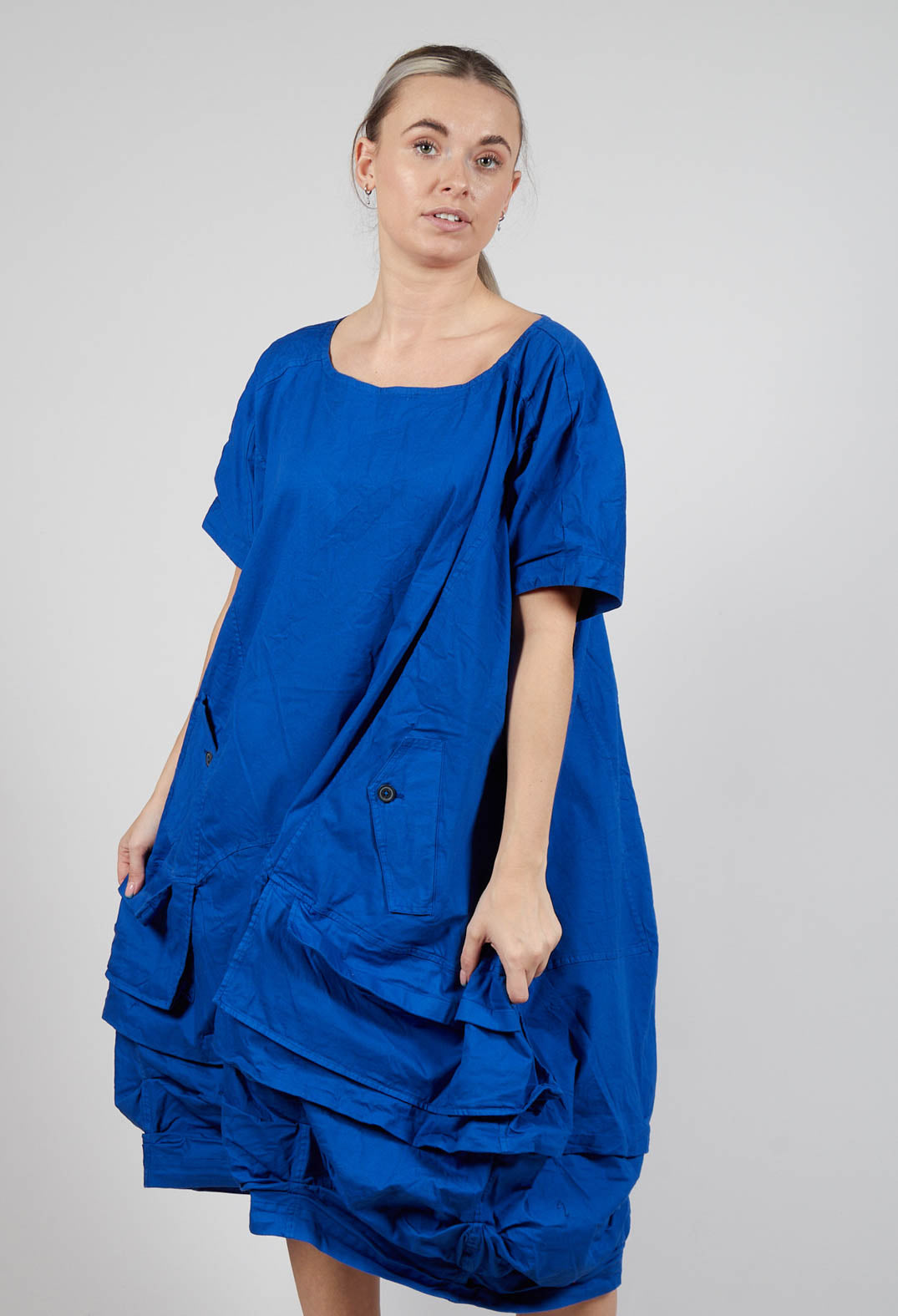 Balloon-Shaped Midi Dress with Folded Fabric Detailing in Royal