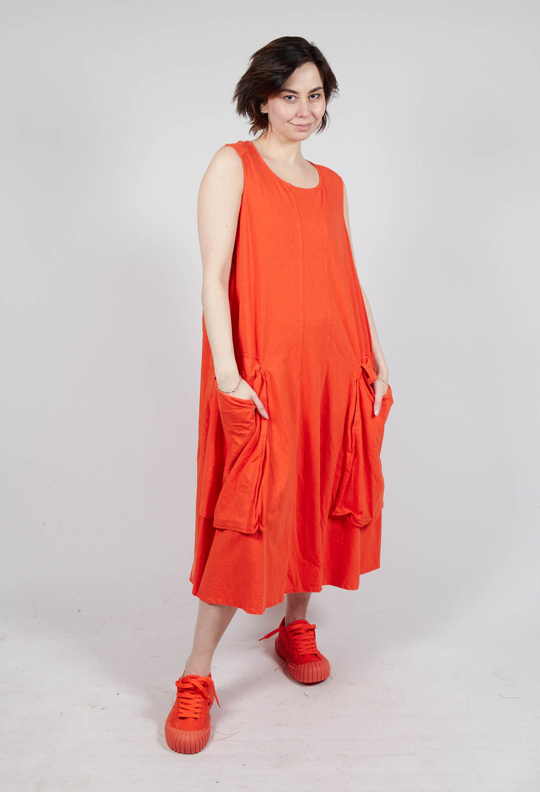 Draped Sleeveless Dress with Back Pleats in Mandarine