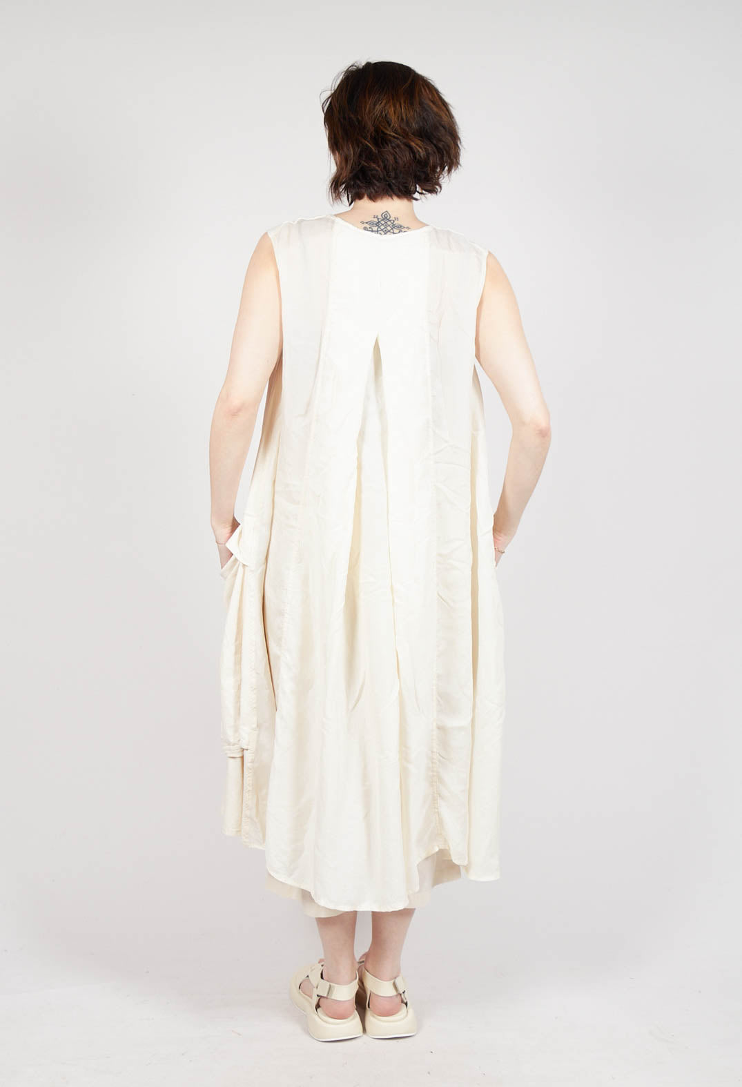 Draped Sleeveless Dress with Back Pleats in Greige