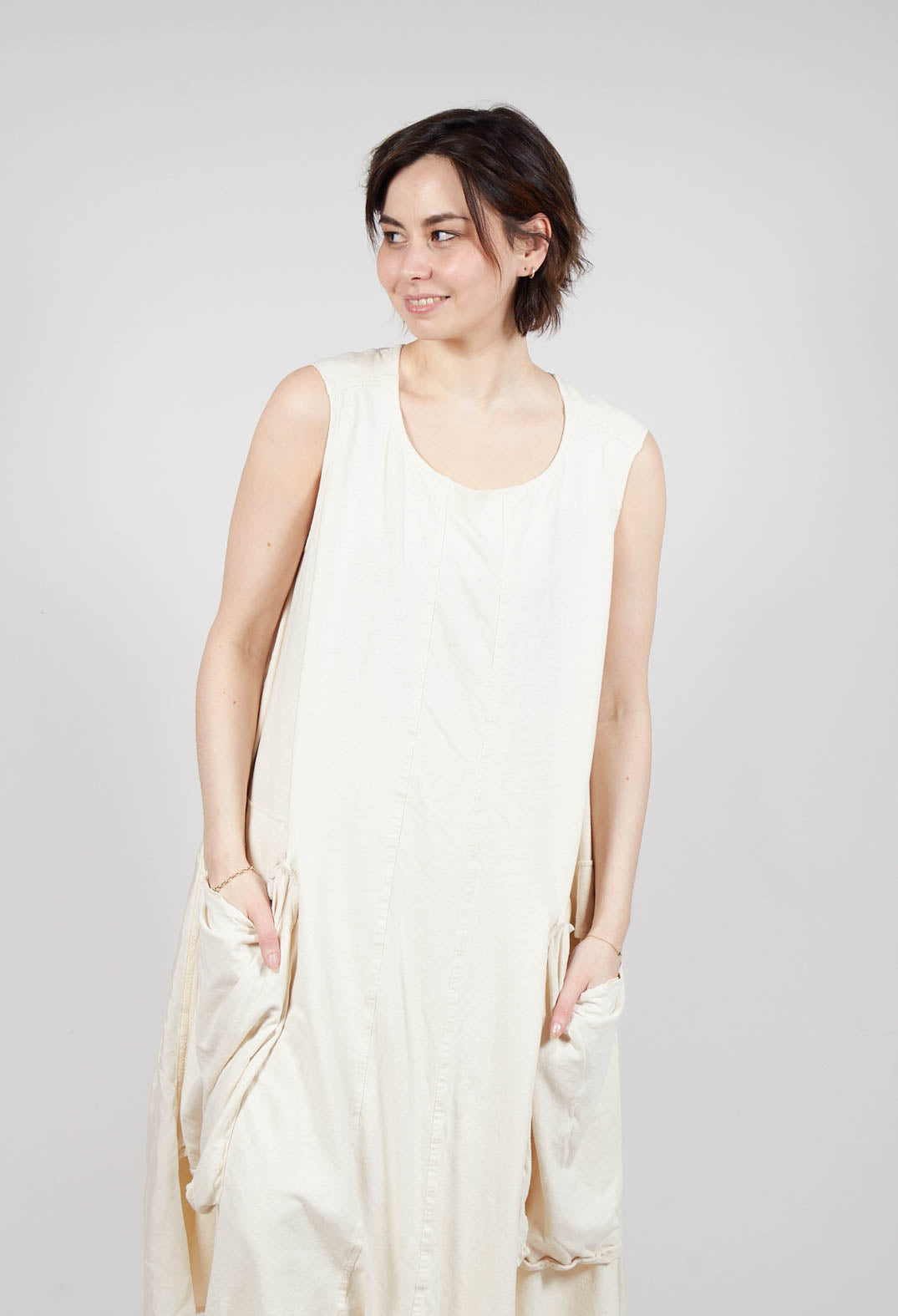 Draped Sleeveless Dress with Back Pleats in Greige