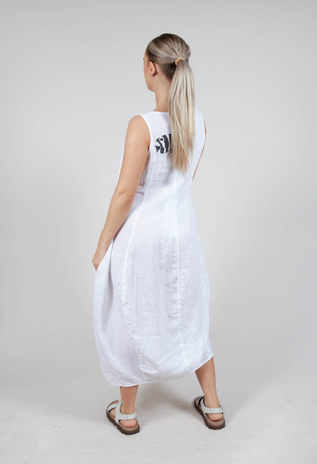 Tulip Hem Linen Dress in White Print