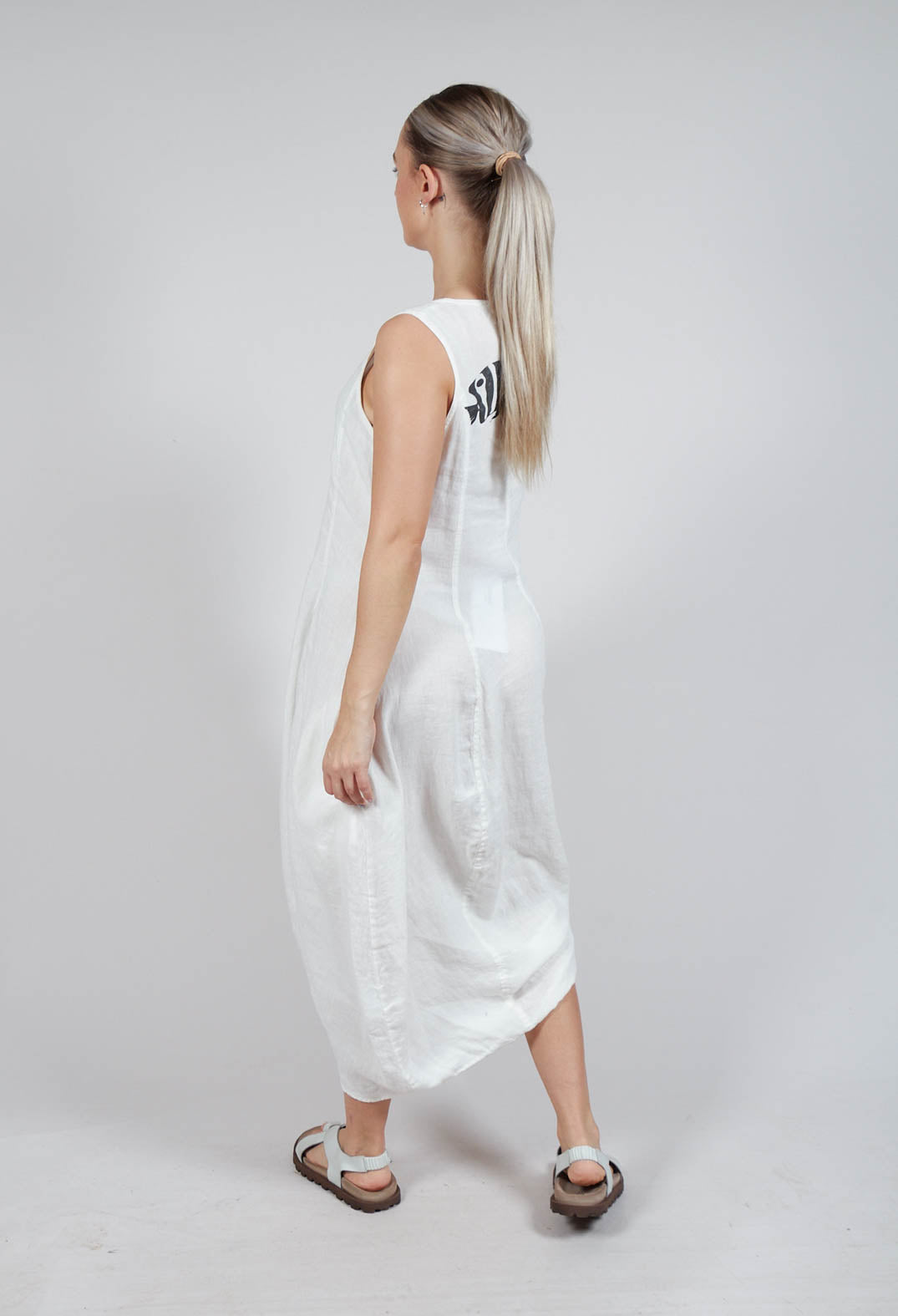 Tulip Hem Linen Dress in Offwhite Print