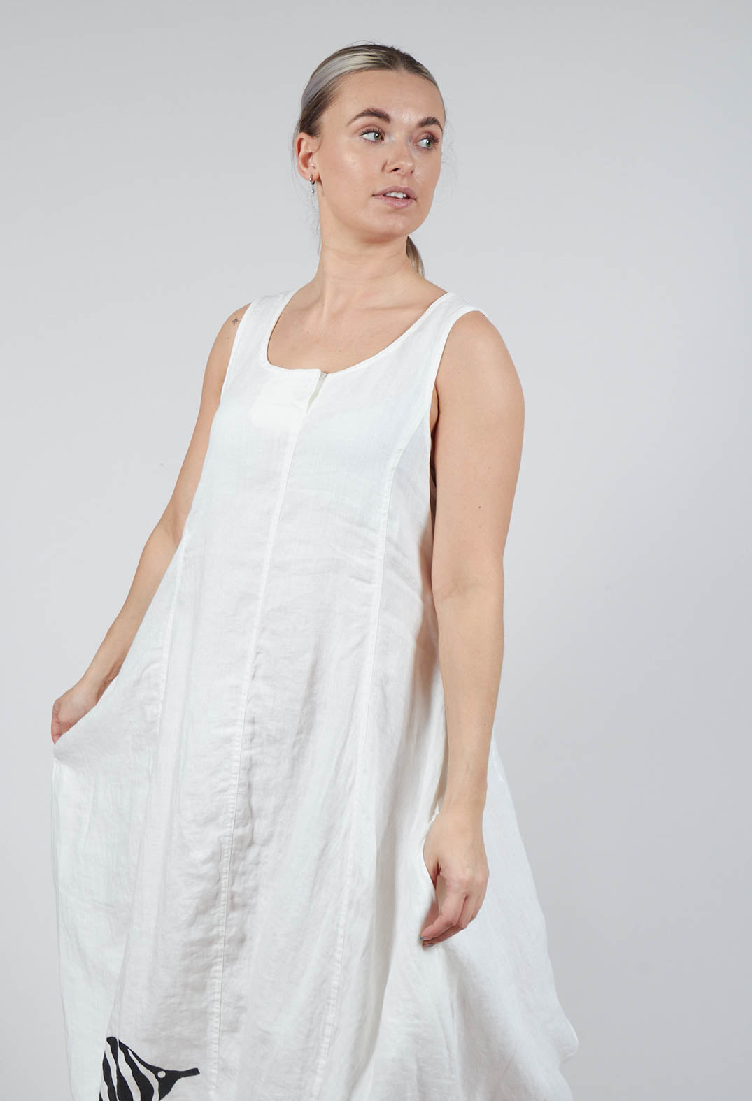 Tulip Hem Linen Dress in Offwhite Print