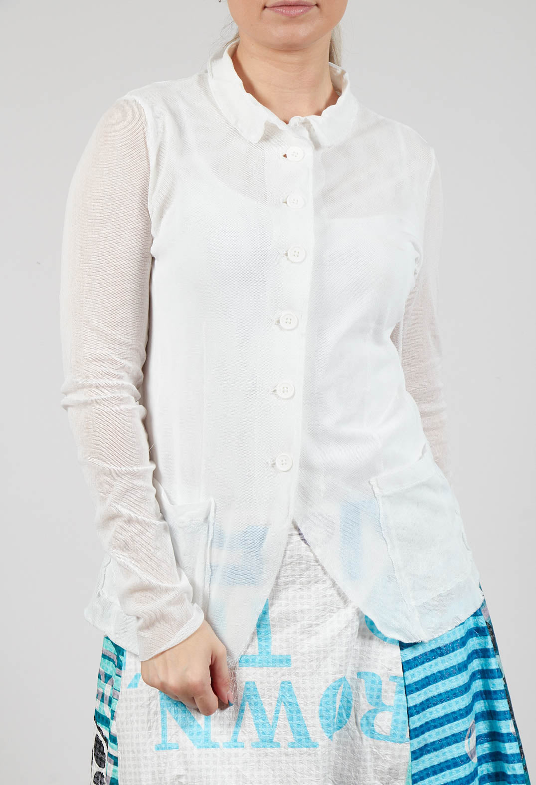 Button Through Jacket with Sheer Sleeves in Offwhite