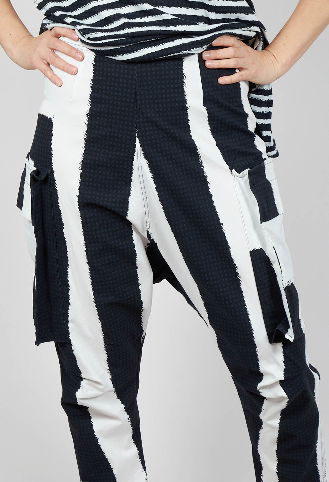 Drop Crotch Trousers with Feature Pockets in Black Print