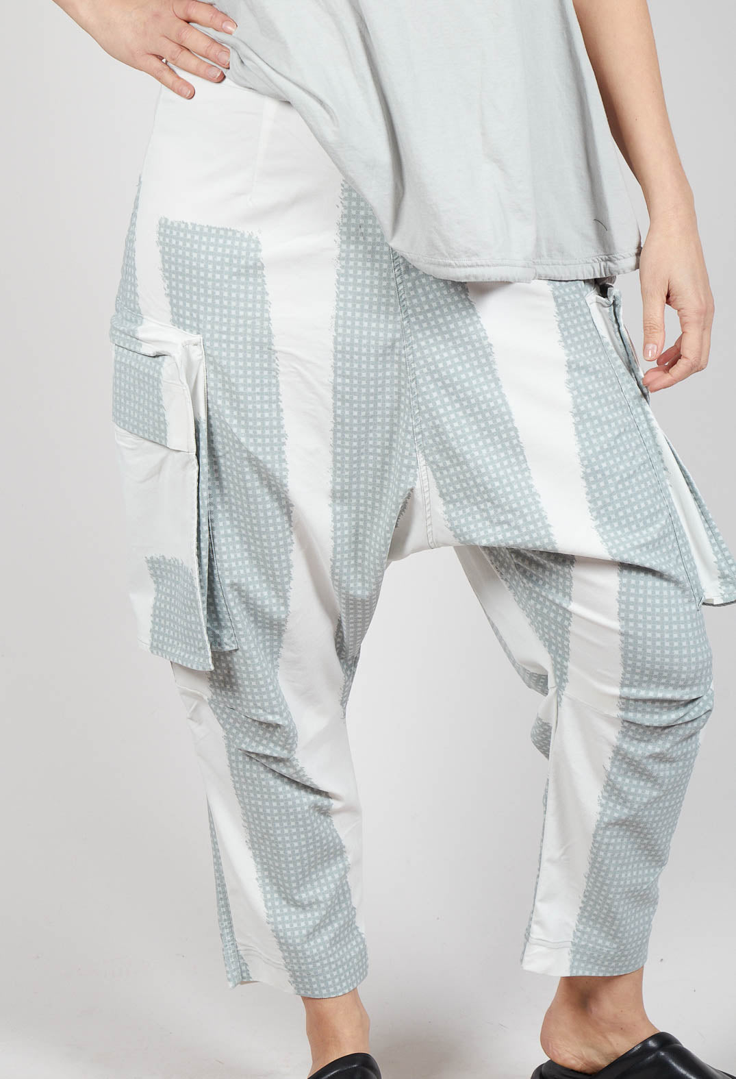 Drop Crotch Trousers with Feature Pockets in Grey Print