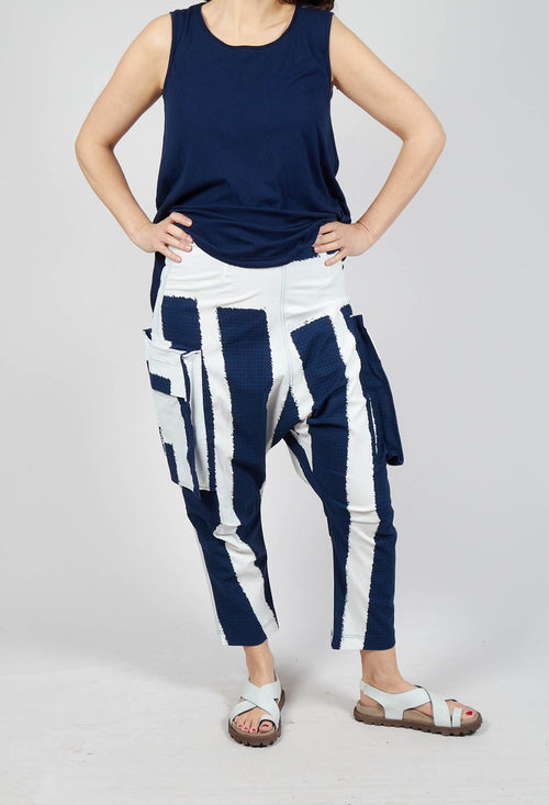 Drop Crotch Trousers with Feature Pockets in Navy Print