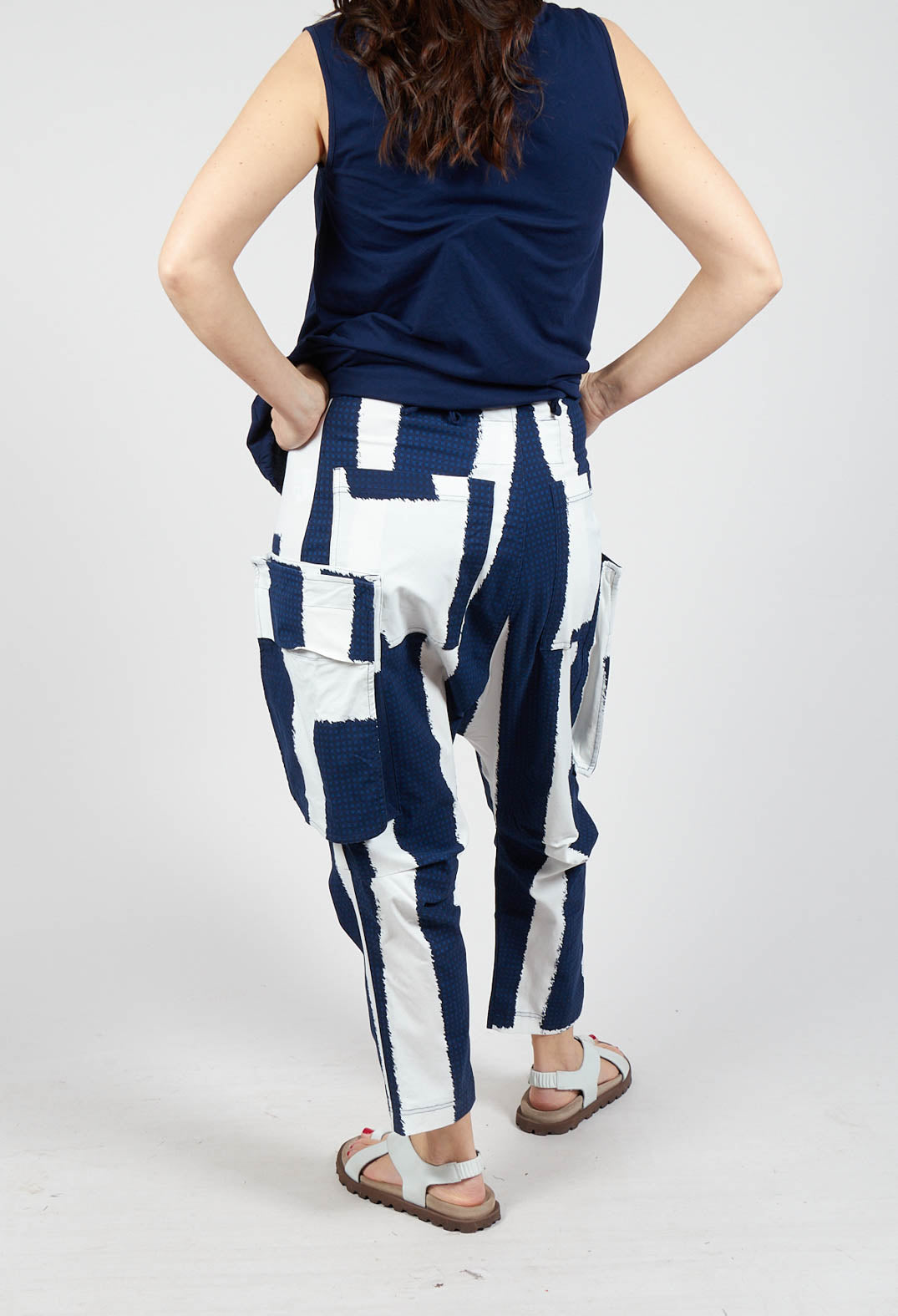 Drop Crotch Trousers with Feature Pockets in Navy Print