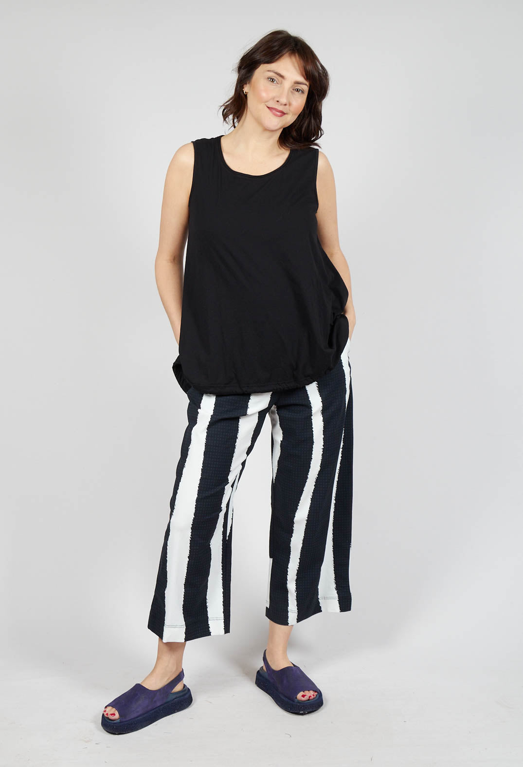 Cropped Pull On Trousers in Black Print