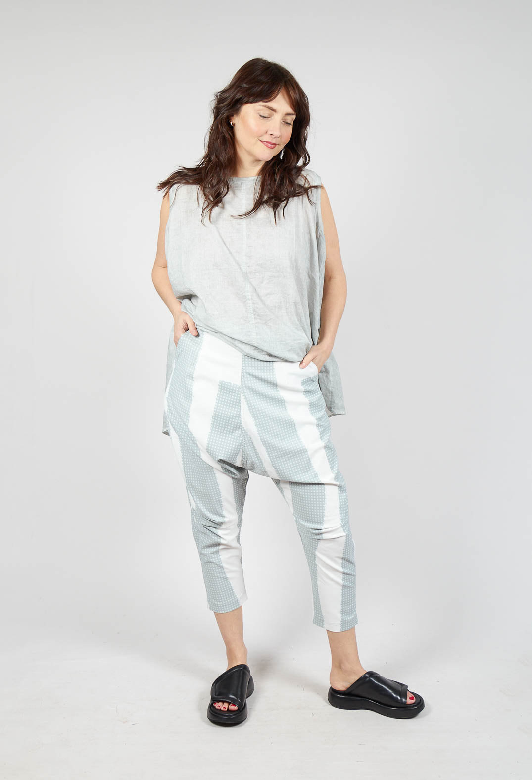 Drop Crotch Pull On Trousers in Grey Print