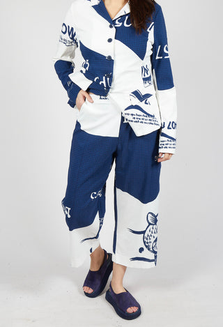 Cropped Pull On Wide Leg Trousers in Navy Print