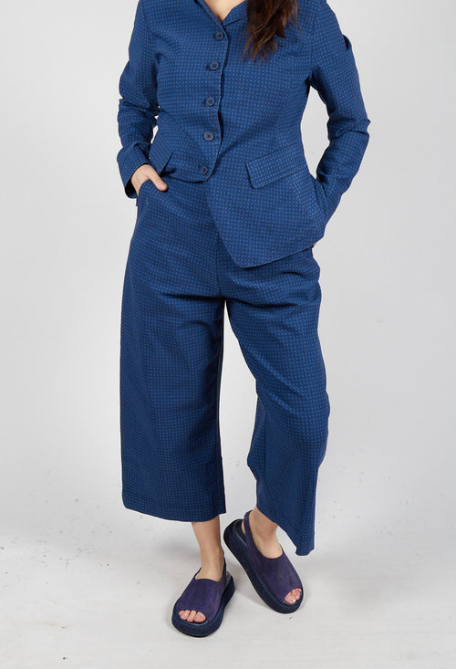 Cropped Pull On Wide Leg Trousers in Navy Check