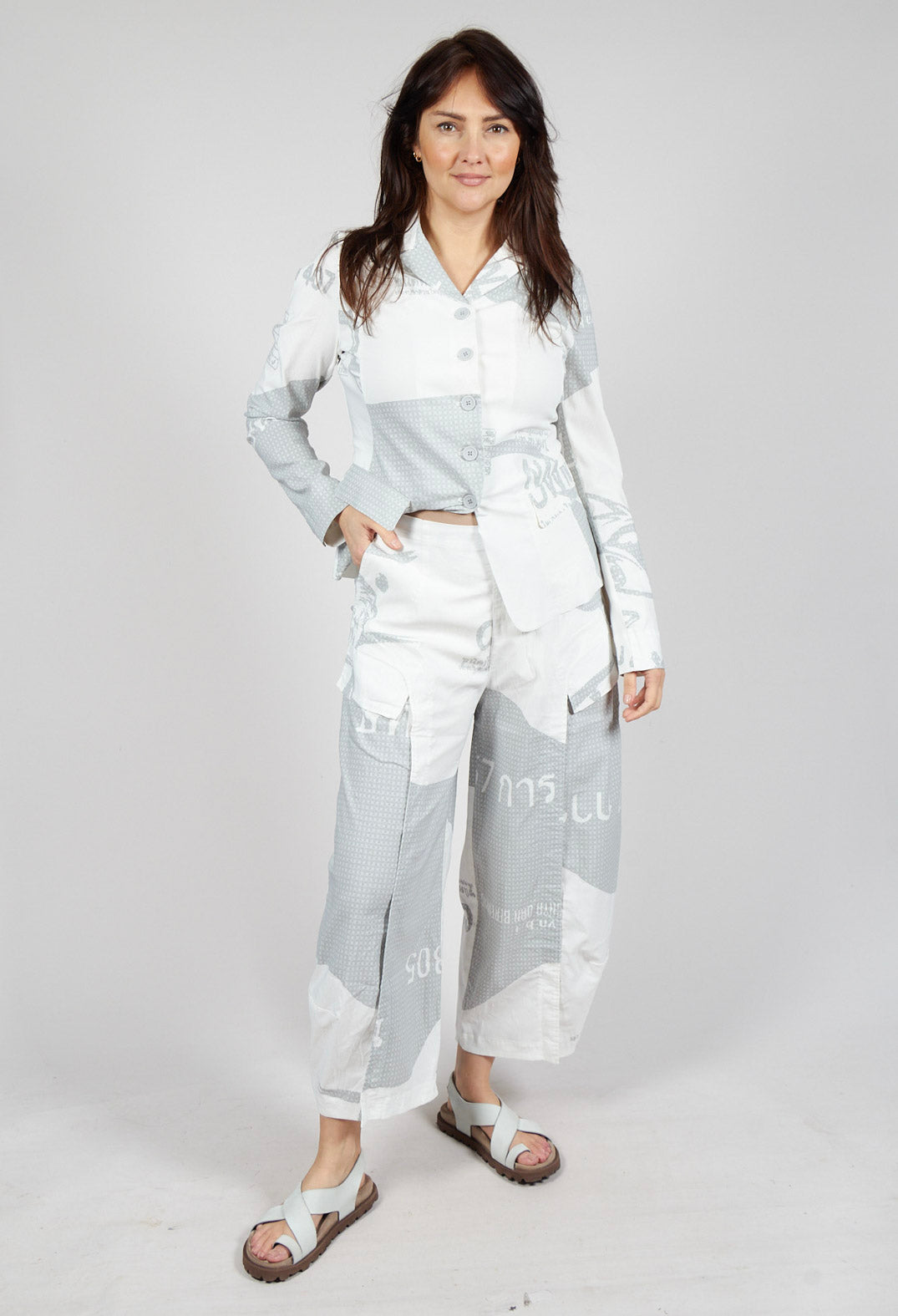 Tulip Trousers with Front Panels in Grey Print